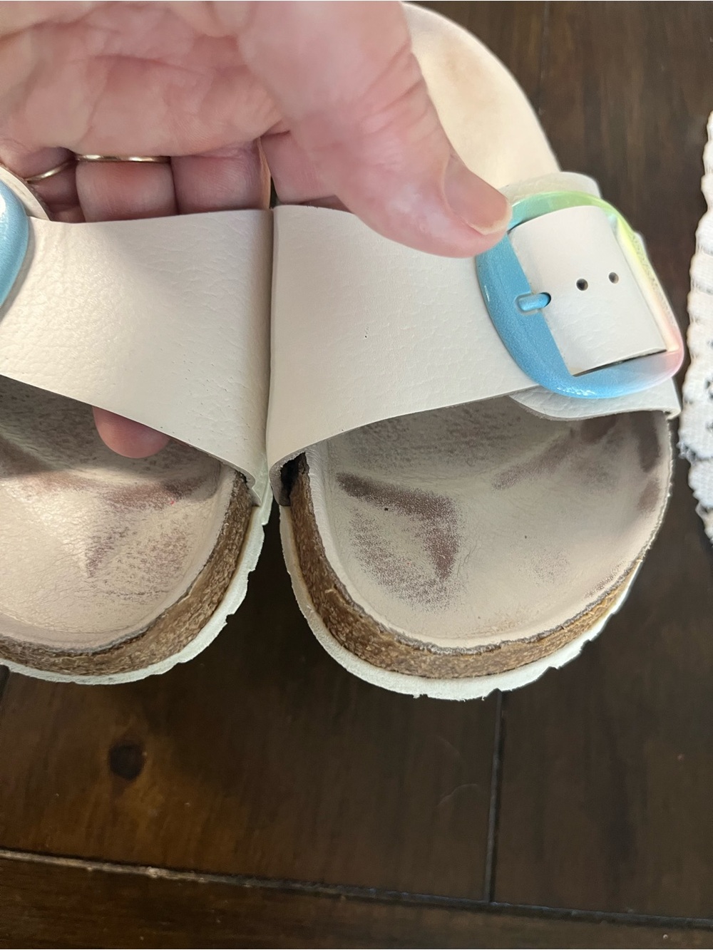 Birkenstock White Slide Sandals with Pastel Ombre Buckles 7-7.5 - Picture 10 of 10